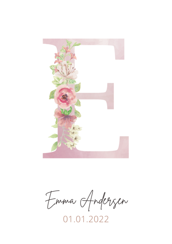 Bogstav plakat e med navn dato blomster