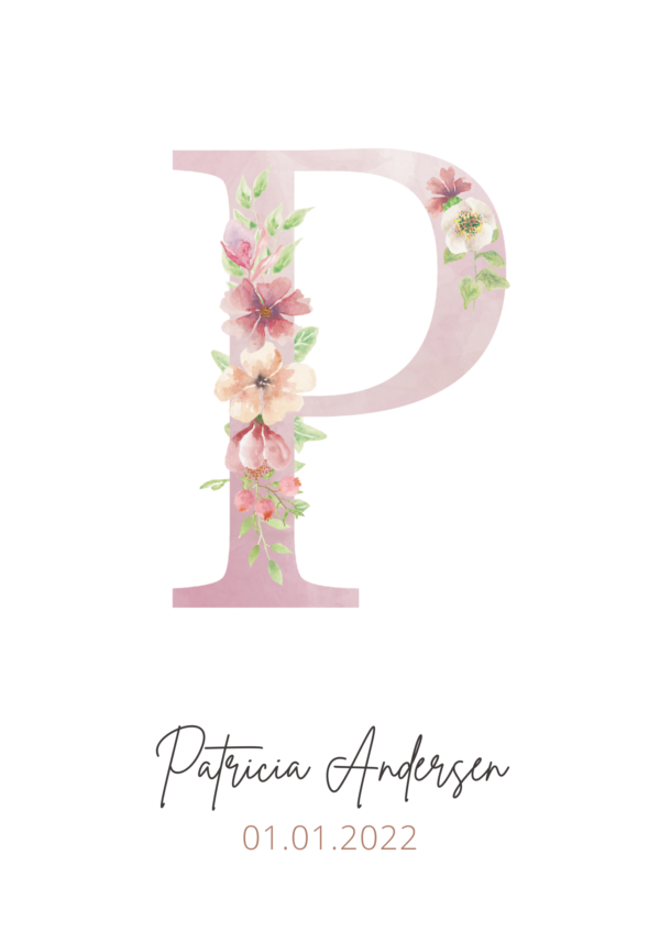 Bogstav plakat p med navn dato blomster