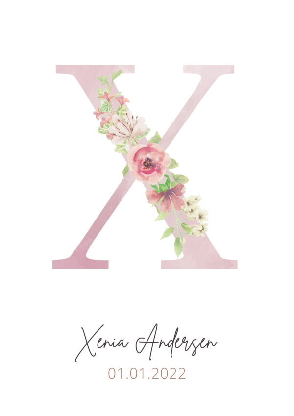Bogstav plakat x med navn dato blomster