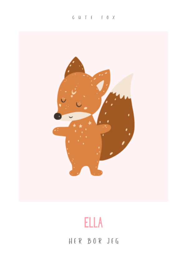 Boerneplakat med navn og tekst cute fox pink