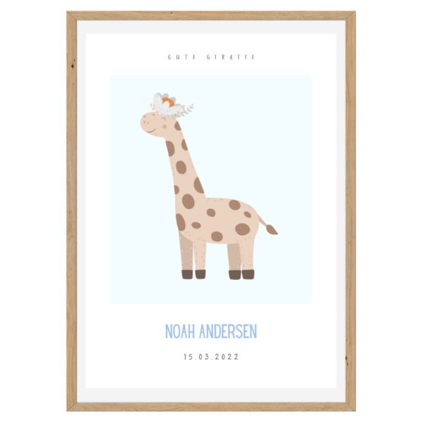Boerneplakat med navn og tekst cute giraffe blue